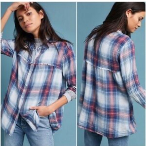 Anthropologie Cloth & Stone Red Blue Cotton Plaid Collarless Button Front Top S - Picture 1 of 13